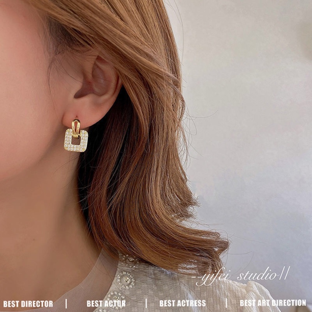 New square full of diamond stud earrings Korean s925 silver needle earrings